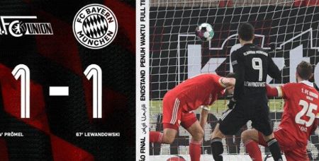 德甲-拜仁慕尼黑1-1柏林联 科曼一条龙助攻莱万破门